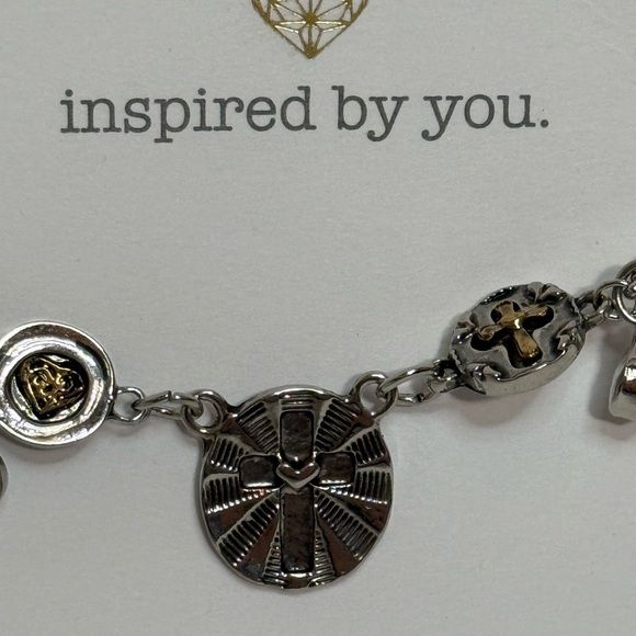 New Platinum and Yellow Gold Plated 18k FAITH Bolo Charm Slide Bracelet - Picture 3 of 4